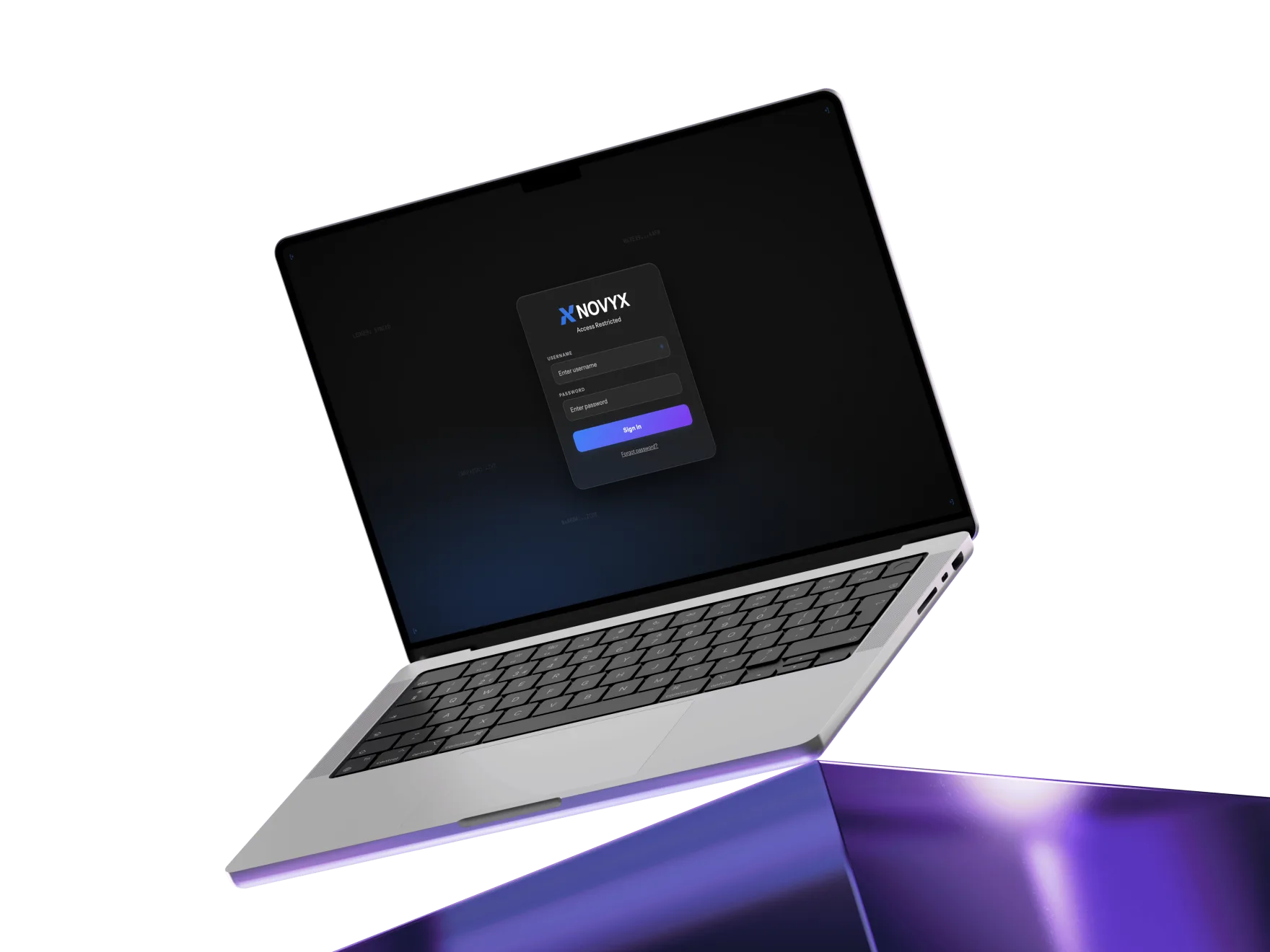 The NOVYX client dashboard, shown open on a laptop